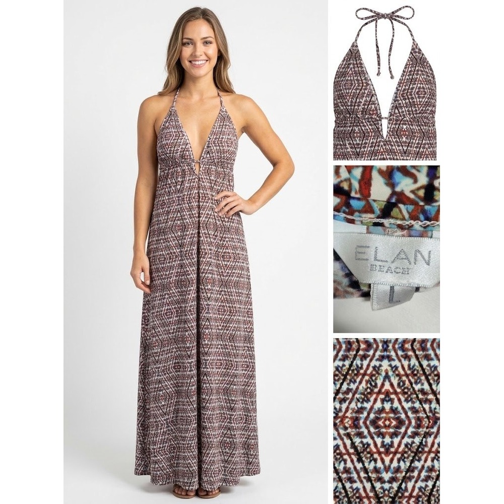 Elan Beach Halter Maxi Dress Womens Large Geometric Diamond Boho Backless Resort